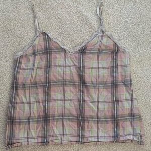 Victoria’s Secret Lace Trimmed Pink, White, & Grey Plaid Pajama Top Cami Size S